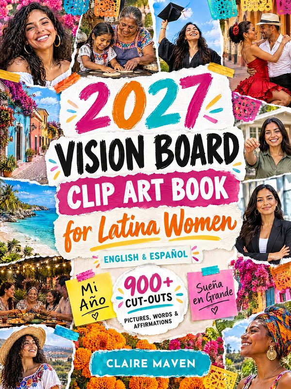 Cover of 2027 Vision Board Clip Art Book for Latina Women (English & Español) by Claire Maven